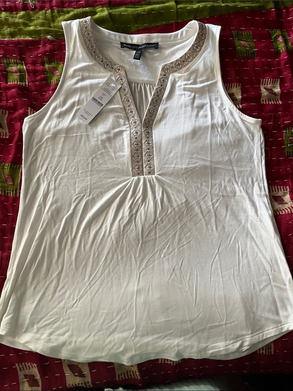 White House Black Market White Sleeveless embroidered, metal and rhinestone